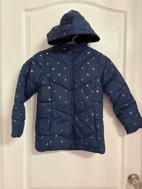 Swiss Tech Navy Blue Puffer Jacket Multi-color Polka Dots Soft Lined Size S-6-6x